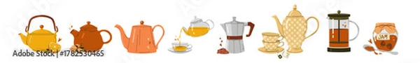 Obraz Cozy tea and coffee autumn vector set with teapot, coffeemakers and sweets