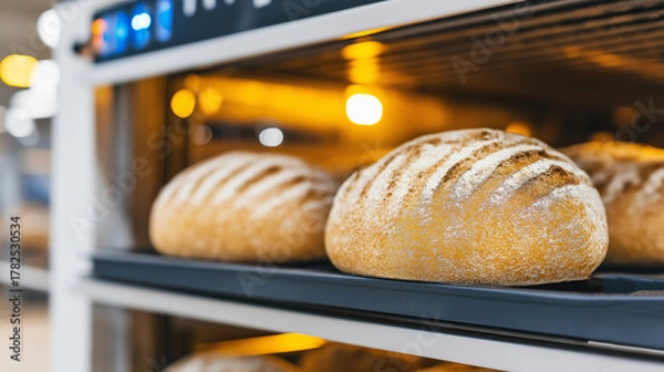 Obraz Fresh traditional sourdough bread baking in a professional light commercial bakery oven, producing artisan loaves