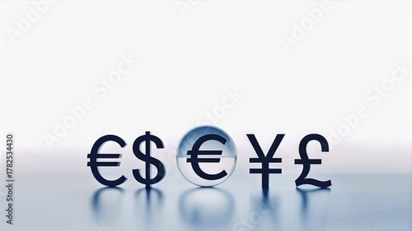 Fototapeta Finance global background with multiple currency symbols euro dollar yen pound icons on clean white minimalist backdrop