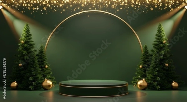 Obraz Festive Green Christmas Scene with Golden Decorations and Product Display Podium Perfect for Elegant Product Presentation and Advertising