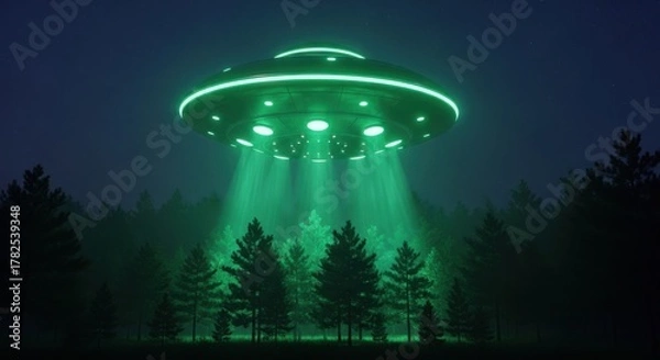 Obraz UFO Extraterrestrial Encounter: Glowing Green Flying Saucer Hovering Over a Dark Forest at Night with Bright Beams for Science Fiction and Alien Life