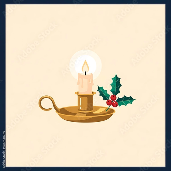 Fototapeta Candle with holly leaves in antique holder on light background  