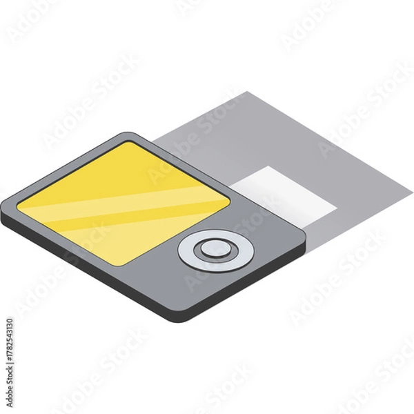 Fototapeta Isometric illustration of a portable music player with a yellow screen and a gray body casting a shadow on a light gray surface