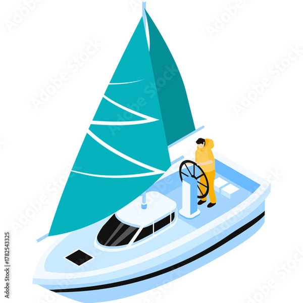 Fototapeta Isometric boat with turquoise sail and person in yellow jacket steering on transparent background