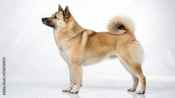 Fototapeta Photorealistic studio portrait of an alert and confident Norwegian Buhund dog isolated on a clean white background.