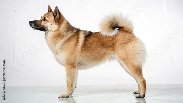 Fototapeta Photorealistic studio portrait of an alert and confident Norwegian Buhund dog isolated on a clean white background.