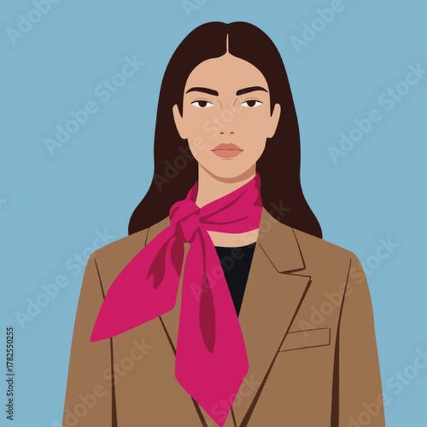 Obraz A stylized portrait of a woman in a brown blazer and pink scarf against a blue background