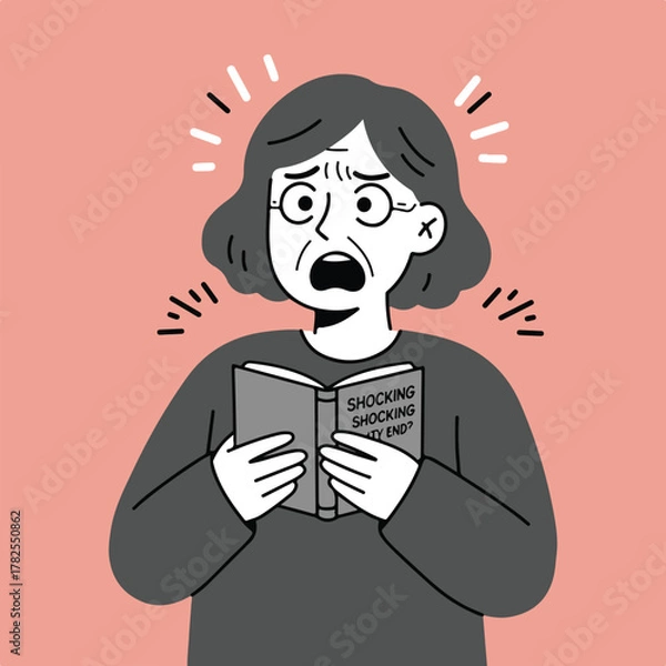 Fototapeta Anxious person reads "Shocking Reality End?" book. Graphic depicts emotion, with expressive lines and a muted color palette