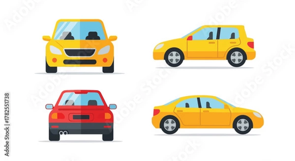 Fototapeta Colorful cartoon cars in various views a simple automotive illustration