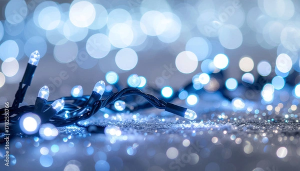 Fototapeta Close-up of blue Christmas lights on a sparkling surface, creating a festive atmosphere.