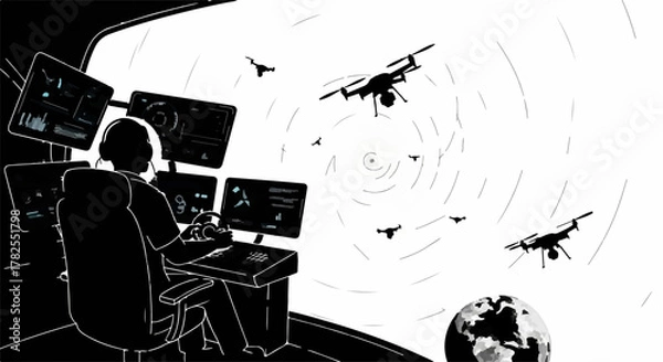 Fototapeta Operator controls drone swarm from high-tech command center overseeing global operations