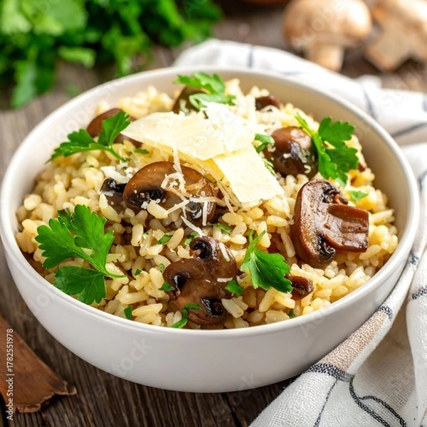 Obraz Delicious Mushroom Risotto with Parmesan and Fresh Herbs.