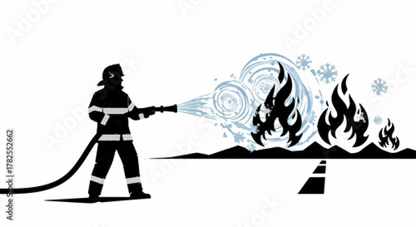 Fototapeta Firefighter bravely battling flames with water spray, symbolizing control and safety.