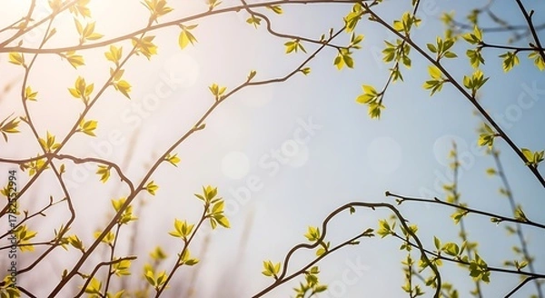 Obraz delicate spring branches of various lengths arranged randomly, open airy composition with calm negative space, young light-green leaves, pastel sky background