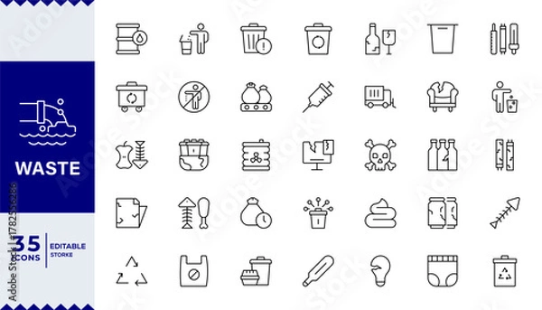 Fototapeta Waste and Rubbish icon set featuring minimal line symbols for garbage, trash bins, recycling, ecology, pollution control, and sustainable waste management concepts