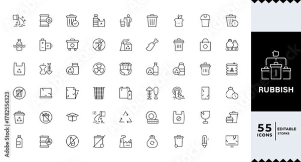 Fototapeta Waste and Rubbish icon set featuring minimal line symbols for garbage, trash bins, recycling, ecology, pollution control, and sustainable waste management concepts