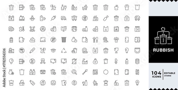 Fototapeta Waste and Rubbish icon set featuring minimal line symbols for garbage, trash bins, recycling, ecology, pollution control, and sustainable waste management concepts