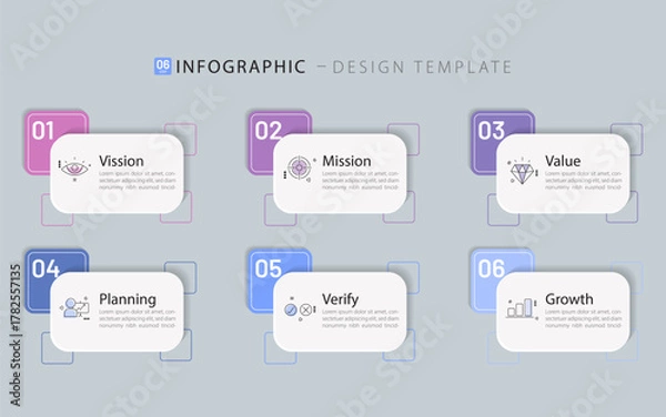 Fototapeta Infographic template. 6 Step timeline journey, Flat simple infographics design template. presentation graph. Business concept with numbers 6 options or steps vector illustration.