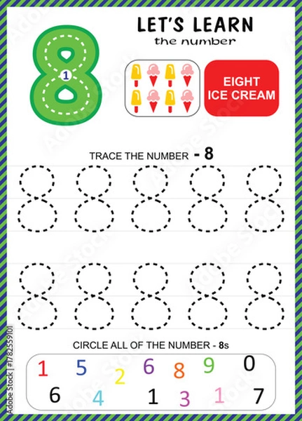 Fototapeta Kids Learning Material, Worksheet Learning Number 0 to 9, Number for Kids Learning, Children Educational Game, Worksheet for Learning Number.