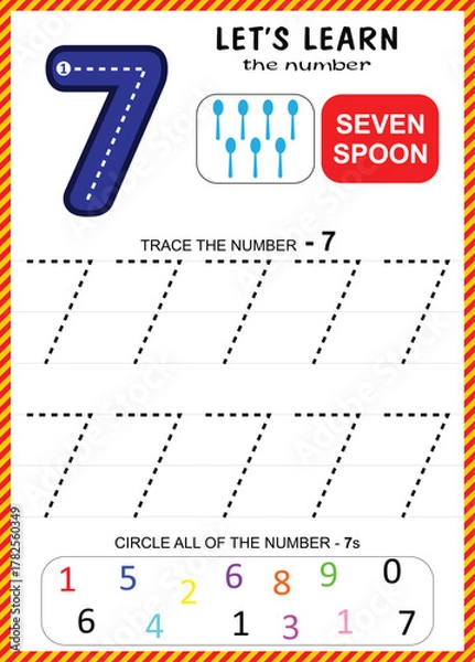 Fototapeta Kids Learning Material, Worksheet Learning Number 0 to 9, Number for Kids Learning, Children Educational Game, Worksheet for Learning Number.