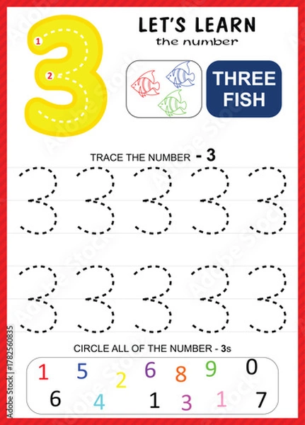 Fototapeta Kids Learning Material, Worksheet Learning Number 0 to 9, Number for Kids Learning, Children Educational Game, Worksheet for Learning Number.