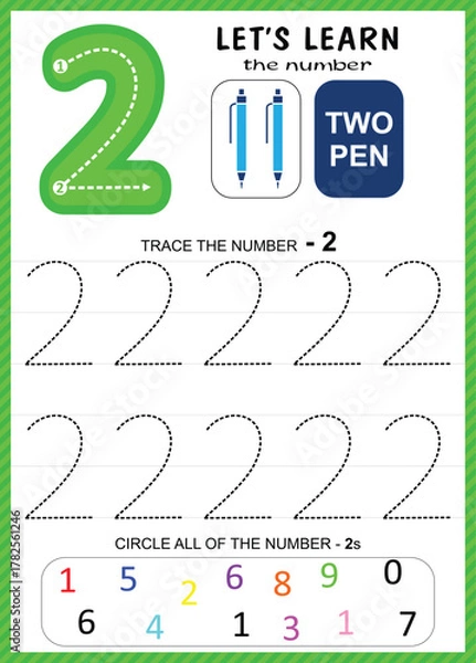 Fototapeta Kids Learning Material, Worksheet Learning Number 0 to 9, Number for Kids Learning, Children Educational Game, Worksheet for Learning Number.