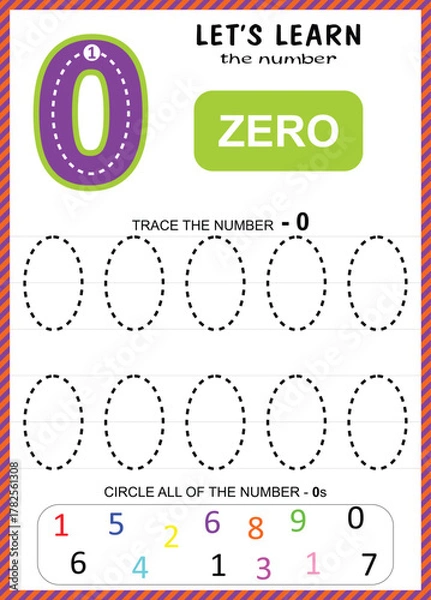 Fototapeta Kids Learning Material, Worksheet Learning Number 0 to 9, Number for Kids Learning, Children Educational Game, Worksheet for Learning Number.