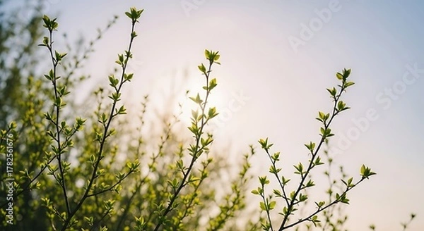 Fototapeta random twigs and branches, some short and some long, surrounded by soft open sky space, new green spring leaves, sunlight streaming softly through, pastel tones