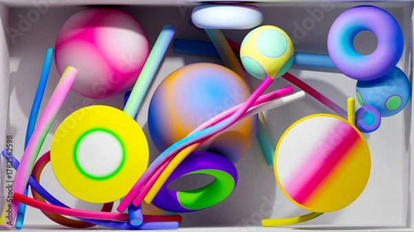 Obraz 3d render of abstract art with surreal geometry figures as spheres, balls, rings, torus, pipes, sticks, in soft rubber plastic material in a mix of colorful gradients inside a white box