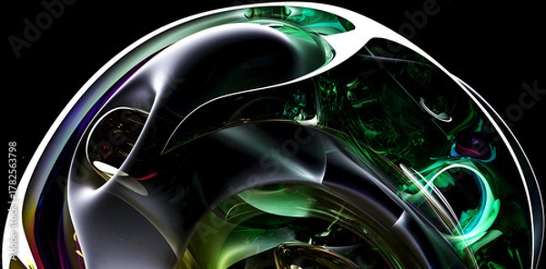 Obraz 3d render with part of the surreal alien spherical ball flower in curved wavy organic lines in round shapes in plastic and glass material in green and yellow gradient color on black