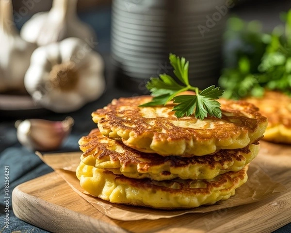 Fototapeta Golden crispy fritters stacked on a wooden board, garnished with herbs and ready to serve fresh and hot.