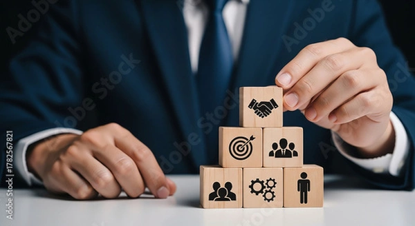 Fototapeta Businessman building a pyramid of wooden blocks with business icons, symbolizing success and teamwork.