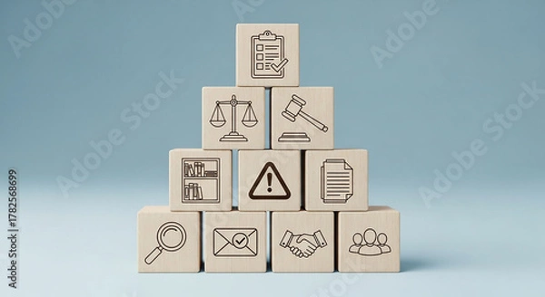 Fototapeta A pyramid of wooden blocks with legal and business icons representing compliance and regulation.