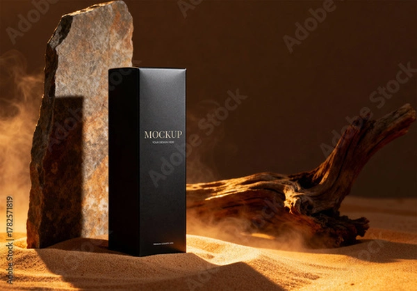Obraz Luxury Perfume Box Mockup with Stone Framing and Drift Wood