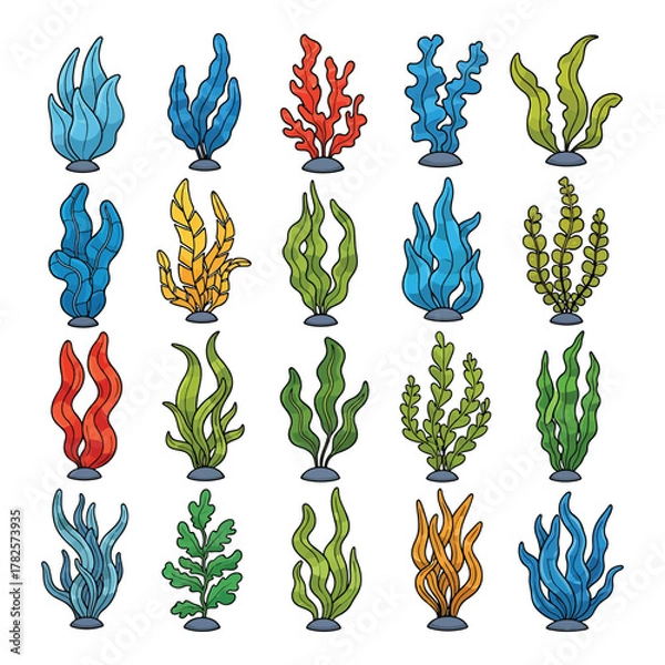 Fototapeta Collection of colorful artificial aquarium plants and corals in various shapes and sizes on white background