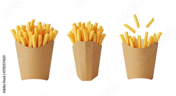 Fototapeta French Fries Perfection Three Brown Paper Packets Filled with Crispy Golden Fries Ready to Eat on transparent background