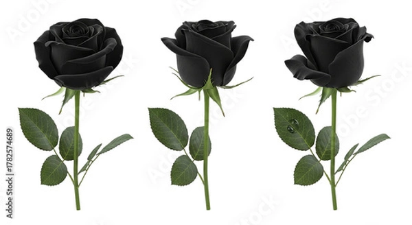 Fototapeta Three Gothic Black Roses Dark Bloom Set Noir Floral Arrangement Mourning Elegance Isolated on transparent background