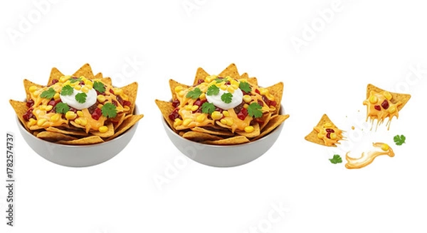 Fototapeta Two Bowls of Nachos Loaded with Melted Cheese Corn and Salsa Irresistible Snack Temptation for on transparent background