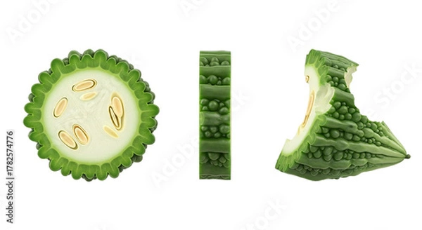 Fototapeta Bitter Melon Still Life Artistic Renderings of Cross Sections Longitudinal Cut and Bite on transparent background