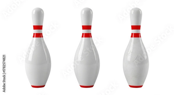 Fototapeta Bowling Pins Strike Three White Bowling Pin Red Stripes 3D Render Bowling Game Competition on transparent background