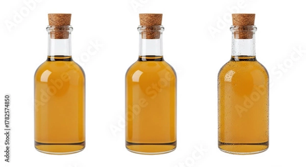 Fototapeta Amber Elixir Three Glass Bottles of Golden Liquid Cork Stoppers Vintage Beverage Still Life on transparent background