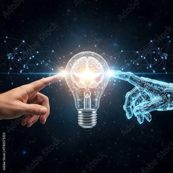 Fototapeta Human hand and ai collaborate on idea, intelligence innovation