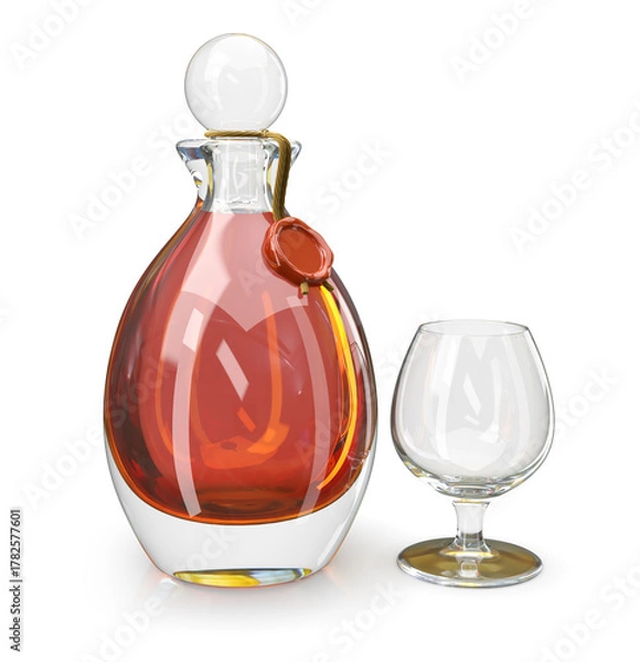 Obraz Glass and bottle of cognac or whiskey with wax seal. 3d illustration on white background