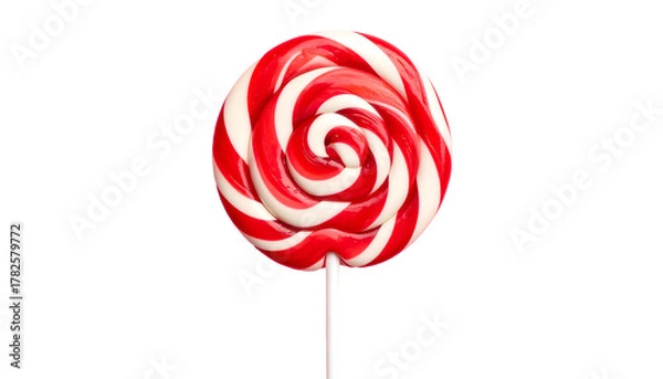 Obraz Close-up of a vibrant red and white spiral lollipop against a stark black background