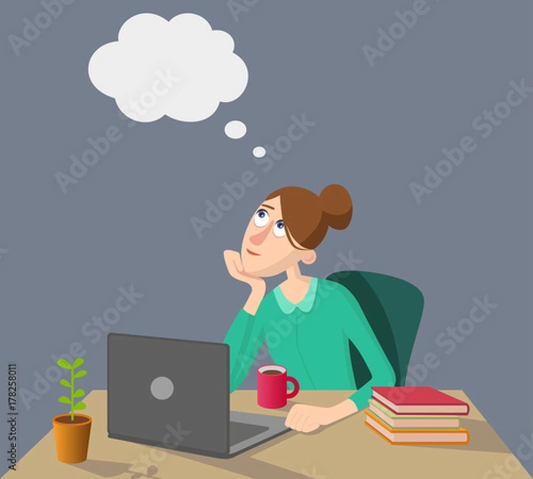 Fototapeta Girl is thinking and sitting at the table with laptop  books. Vector illustration