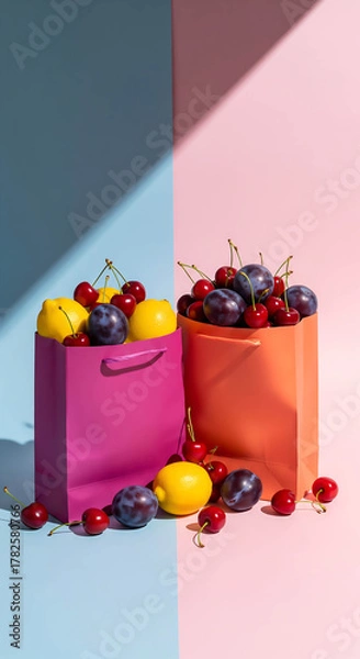 Obraz Vibrant fruit bags on split tone background image for summer fun