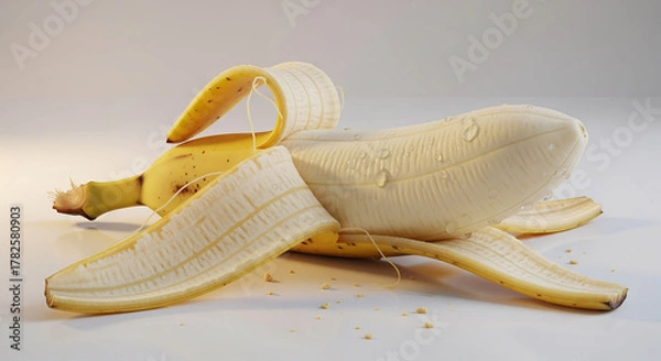 Obraz Peeled banana with water droplets on white illustration background
