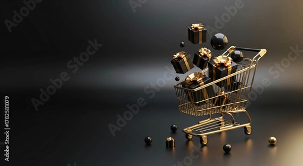 Fototapeta Elegant golden shopping cart with gifts on artistic decorative backdrop