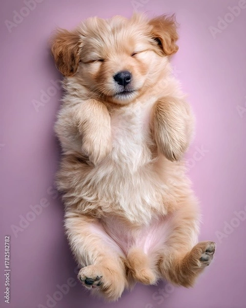 Obraz Fluffy Golden Retriever Puppy Sleeping on its Back on Pink Background
