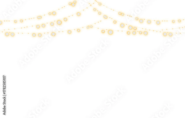 Fototapeta Close up of three strands of glowing string lights against a black background space above